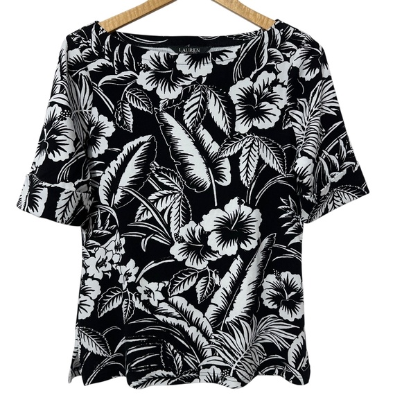 Lauren Ralph Lauren Womens Black Label Leaf Print Knit Top Size L Boat Neck - Picture 5 of 5